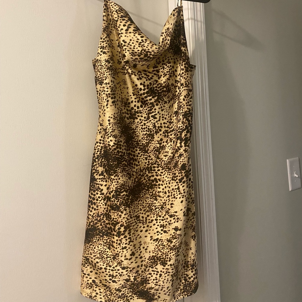 Droop neck satin cheetah print dress